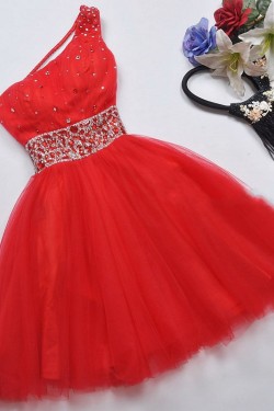 Short/Mini One-Shoulder Beaded Tulle Prom Evening Formal Dresses ED011068