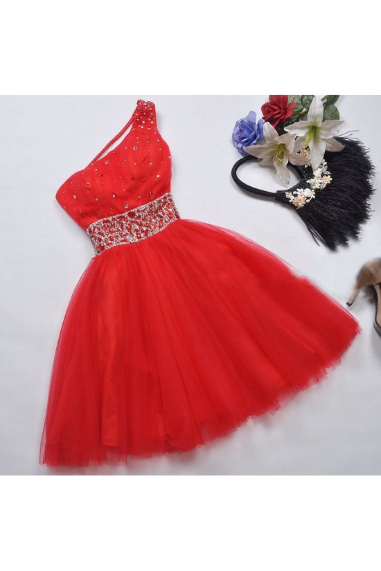 Short/Mini One-Shoulder Beaded Tulle Prom Evening Formal Dresses ED011068