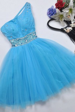 Short/Mini One-Shoulder Beaded Tulle Prom Evening Formal Dresses ED011068