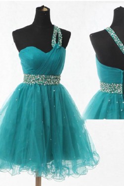 A-Line One-Shoulder Beaded Tulle Prom Evening Formal Dresses ED011070