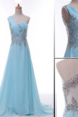 A-Line One-Shoulder Beaded Long Chiffon Prom Evening Formal Dresses ED011071