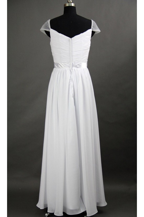 A-Line Cap-Sleeve Long White Chiffon Prom Evening Formal Dresses ED011074