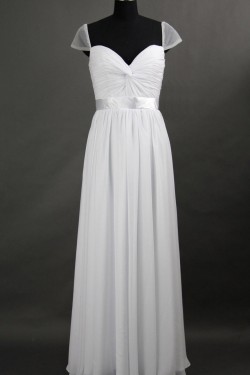 A-Line Cap-Sleeve Long White Chiffon Prom Evening Formal Dresses ED011074
