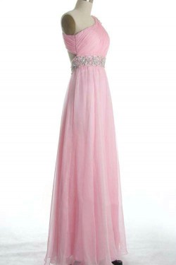 A-Line One-Shoulder Beaded Long Pink Chiffon Prom Evening Formal Dresses ED011077