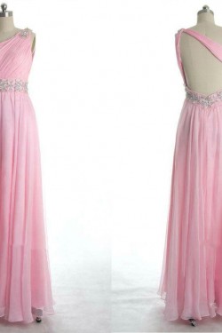 A-Line One-Shoulder Beaded Long Pink Chiffon Prom Evening Formal Dresses ED011077