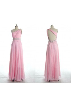 A-Line One-Shoulder Beaded Long Pink Chiffon Prom Evening Formal Dresses ED011077