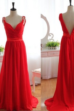 A-Line Long Red Chiffon Prom Evening Formal Dresses ED011079