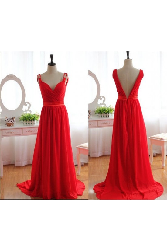 A-Line Long Red Chiffon Prom Evening Formal Dresses ED011079