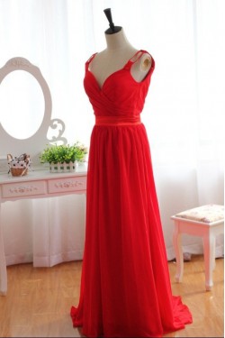 A-Line Long Red Chiffon Prom Evening Formal Dresses ED011079