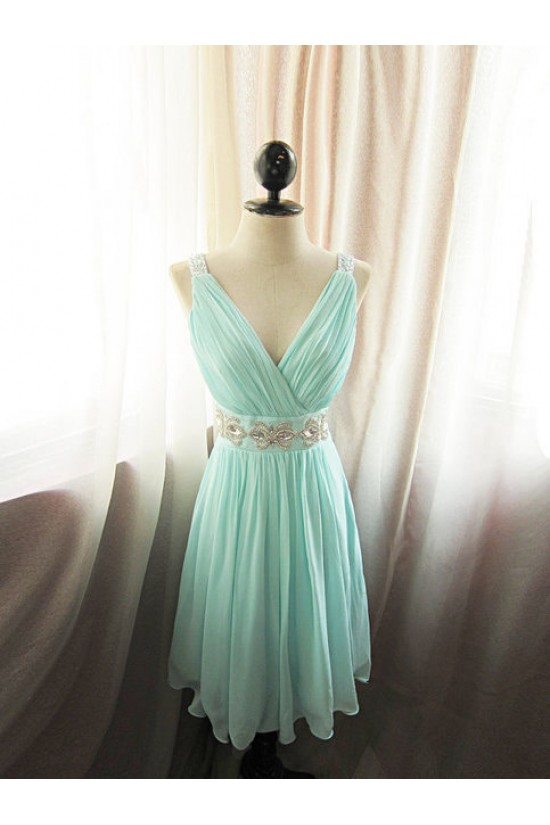 A-Line V-Neck Beaded Short Chiffon Prom Evening Formal Dresses ED011080