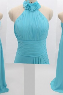 A-Line Halter Long Blue Chiffon Prom Evening Formal Bridesmaid Dresses ED011081