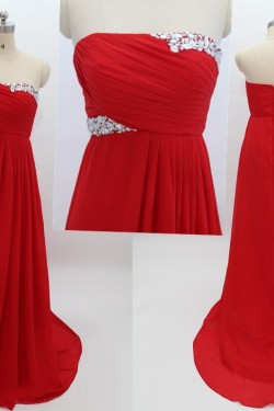 Empire Strapless Beaded Long Red Chiffon Prom Evening Maternity Evening Dresses ED011082