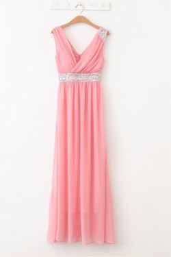A-Line V-Neck Beaded Long Chiffon Prom Evening Formal Dresses ED011086