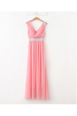 A-Line V-Neck Beaded Long Chiffon Prom Evening Formal Dresses ED011086