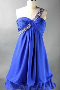 A-Line One-Shoulder Beaded Short Blue Chiffon Prom Evening Formal Dresses ED011087