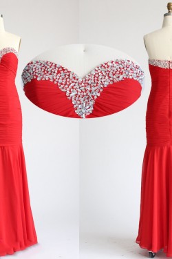 Sweetheart Long Red Beaded Chiffon Prom Evening Formal Dresses ED011091