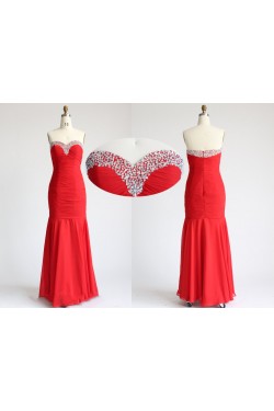 Sweetheart Long Red Beaded Chiffon Prom Evening Formal Dresses ED011091
