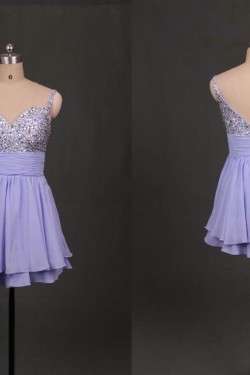 A-Line Spaghetti Strap Beaded Short Chiffon Prom Evening Formal Dresses ED011094