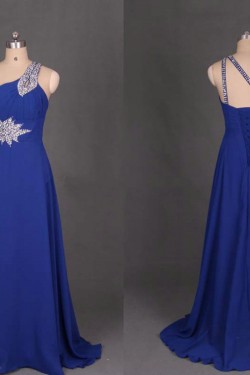 A-Line One-Shoulder Beaded Long Blue Chiffon Prom Evening Formal Dresses ED011098