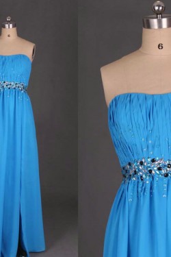 A-Line Strapless Beaded Long Blue Chiffon Prom Evening Formal Dresses ED011099