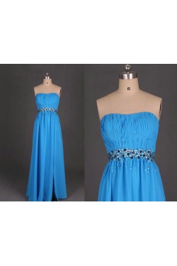 A-Line Strapless Beaded Long Blue Chiffon Prom Evening Formal Dresses ED011099