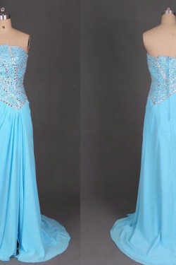 A-Line Strapless Beaded Long Chiffon Prom Evening Formal Dresses ED011100