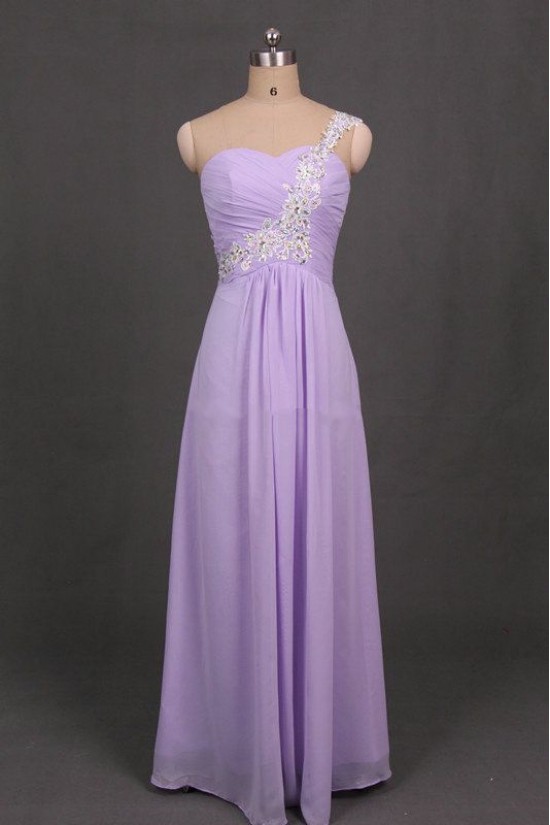 A-Line One-Shoulder Beaded Long Chiffon Prom Evening Formal Dresses ED011104