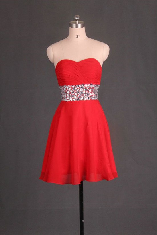 A-Line Sweetheart Beaded Short Red Chiffon Prom Evening Formal Dresses ED011106