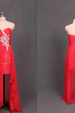 High Low Sweetheart Beaded Red Chiffon Prom Evening Formal Dresses ED011107