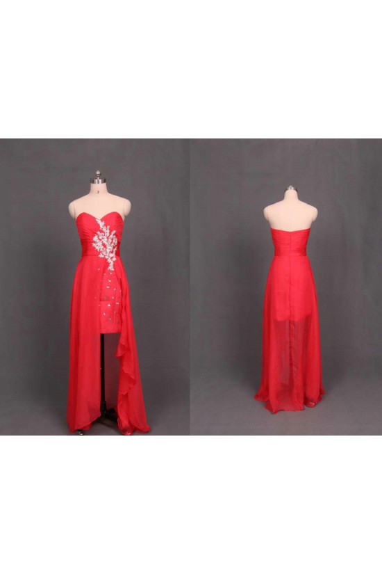 High Low Sweetheart Beaded Red Chiffon Prom Evening Formal Dresses ED011107