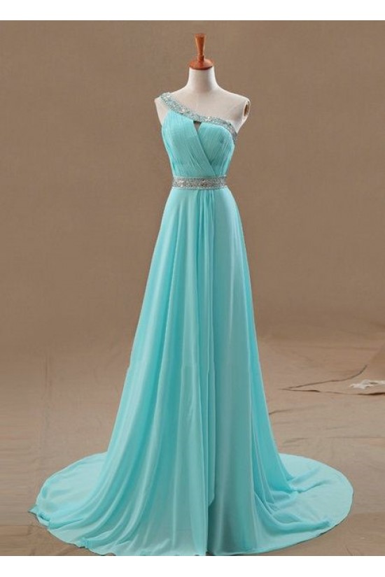 A-Line One-Shoulder Beaded Long Blue Chiffon Prom Evening Formal Dresses ED011108