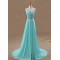 A-Line One-Shoulder Beaded Long Blue Chiffon Prom Evening Formal Dresses ED011108