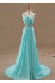 A-Line One-Shoulder Beaded Long Blue Chiffon Prom Evening Formal Dresses ED011108