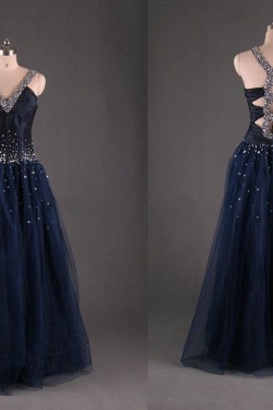 A-Line V-Neck Beaded Long Prom Evening Formal Dresses ED011110