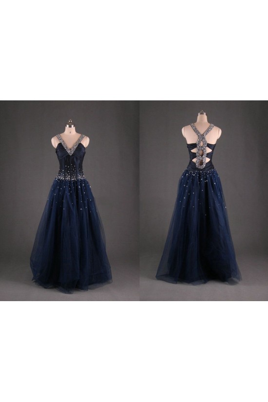 A-Line V-Neck Beaded Long Prom Evening Formal Dresses ED011110