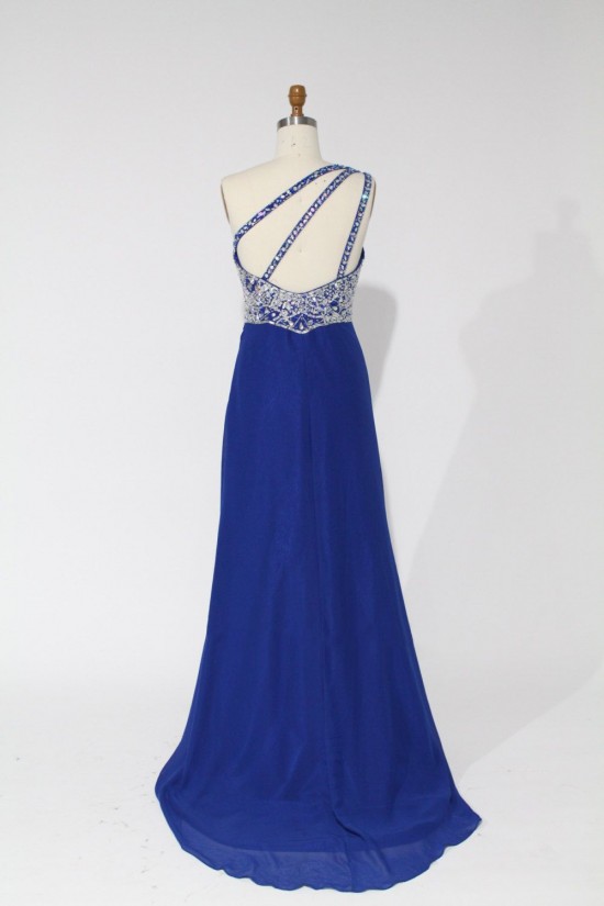 A-Line One-Shoulder Beaded Long Blue Chiffon Prom Evening Formal Dresses ED011111