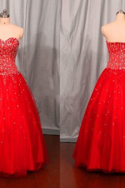 A-Line Sweetheart Beaded Long Red Prom Evening Formal Dresses ED011113
