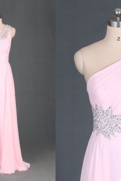 A-Line One-Shoulder Beaded Long Pink Chiffon Prom Evening Formal Dresses ED011114