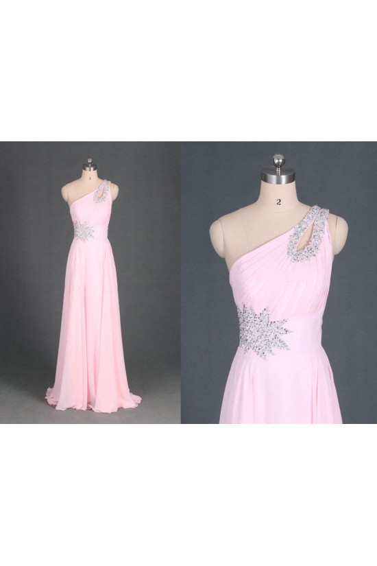 A-Line One-Shoulder Beaded Long Pink Chiffon Prom Evening Formal Dresses ED011114
