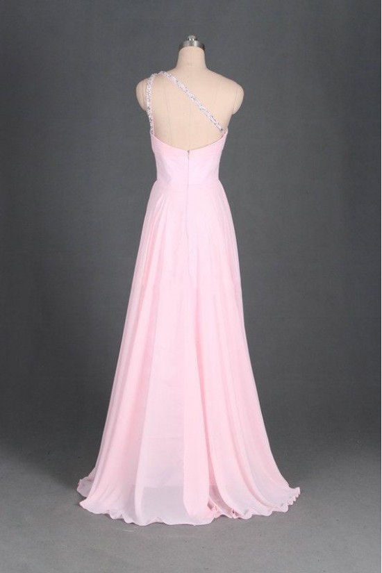 A-Line One-Shoulder Beaded Long Pink Chiffon Prom Evening Formal Dresses ED011114