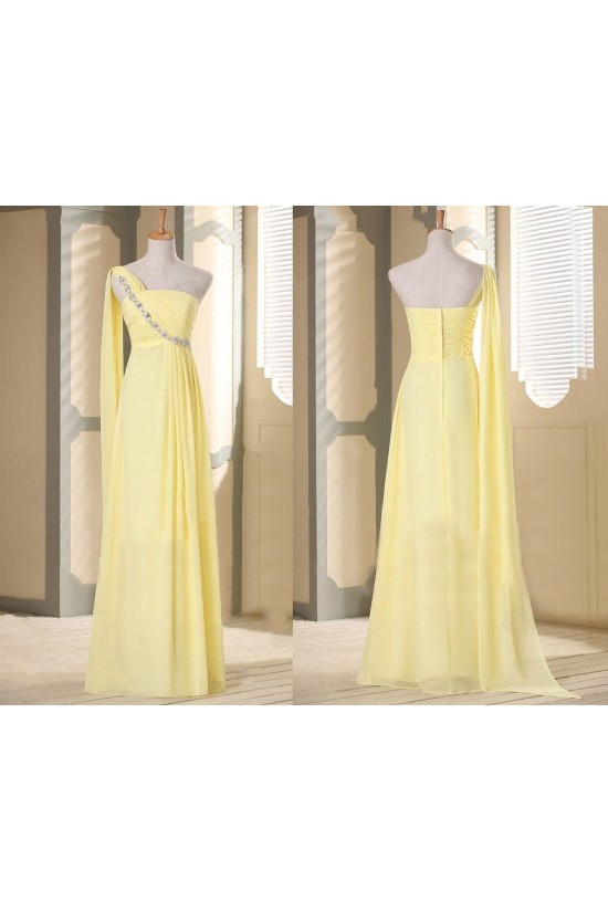 A-Line One-Shoulder Beaded Long Yellow Chiffon Prom Evening Formal Dresses ED011115