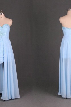 High Low Sweetheart Beaded Blue Chiffon Prom Evening Formal Dresses ED011116