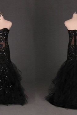 Trumpet/Mermaid Sweetheart Beaded Long Black Prom Evening Formal Dresses ED011117