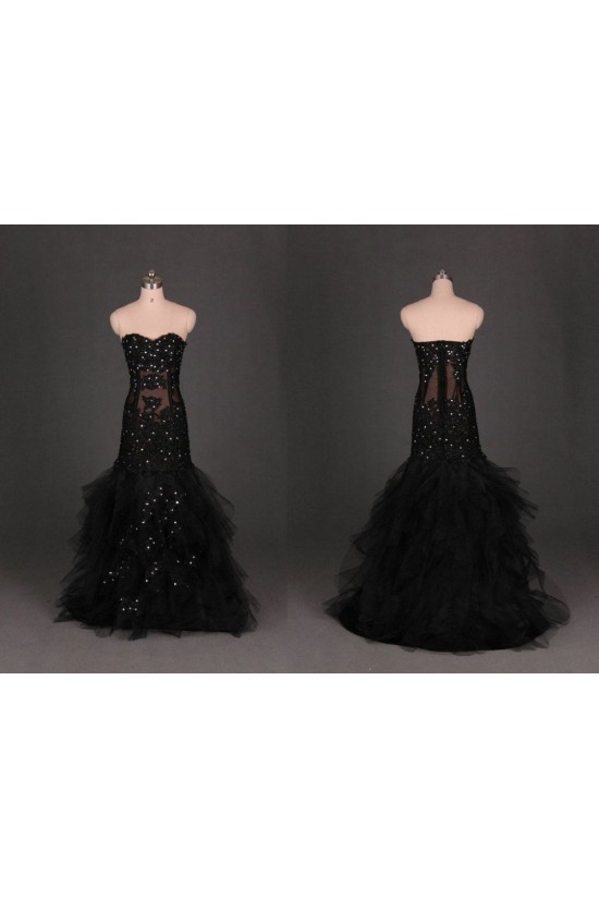 Trumpet/Mermaid Sweetheart Beaded Long Black Prom Evening Formal Dresses ED011117