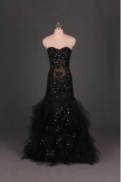 Trumpet/Mermaid Sweetheart Beaded Long Black Prom Evening Formal Dresses ED011117