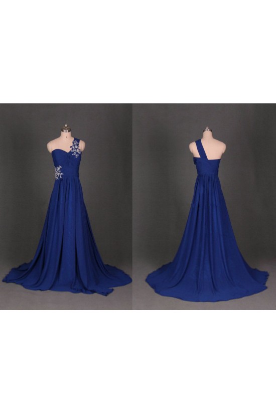 A-Line One-Shoulder Beaded Long Blue Chiffon Prom Evening Formal Dresses ED011119