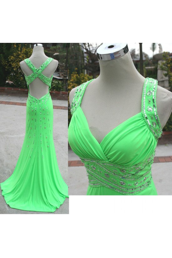 Trumpet/Mermaid Beaded Long Green Chiffon Prom Evening Formal Dresses ED011121