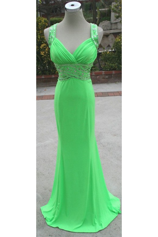 Trumpet/Mermaid Beaded Long Green Chiffon Prom Evening Formal Dresses ED011121