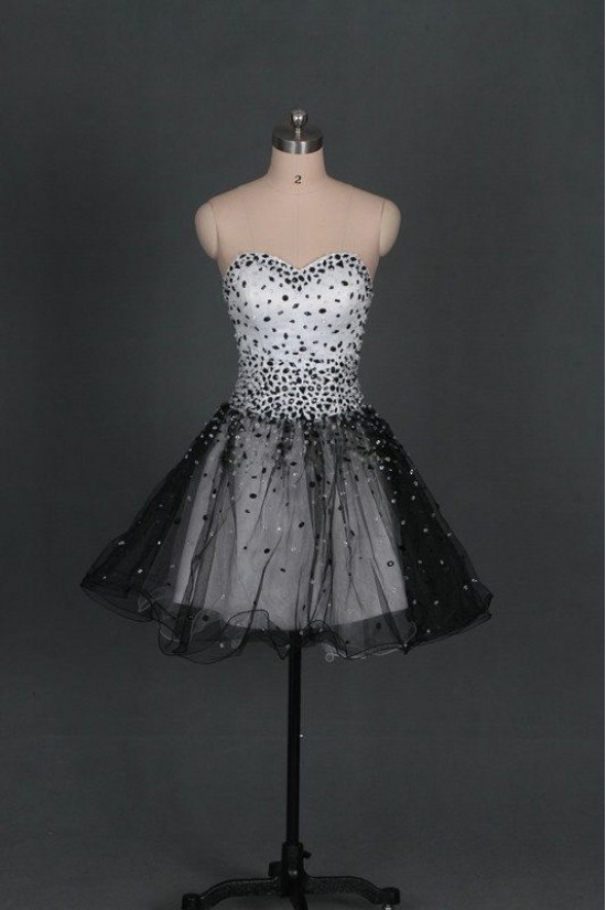 A-Line Sweetheart Beaded Black White Prom Evening Formal Dresses ED011123