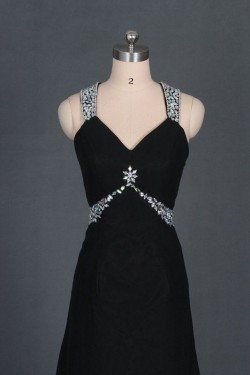 A-Line V-Neck Beaded Long Black Chiffon Prom Evening Formal Dresses ED011124